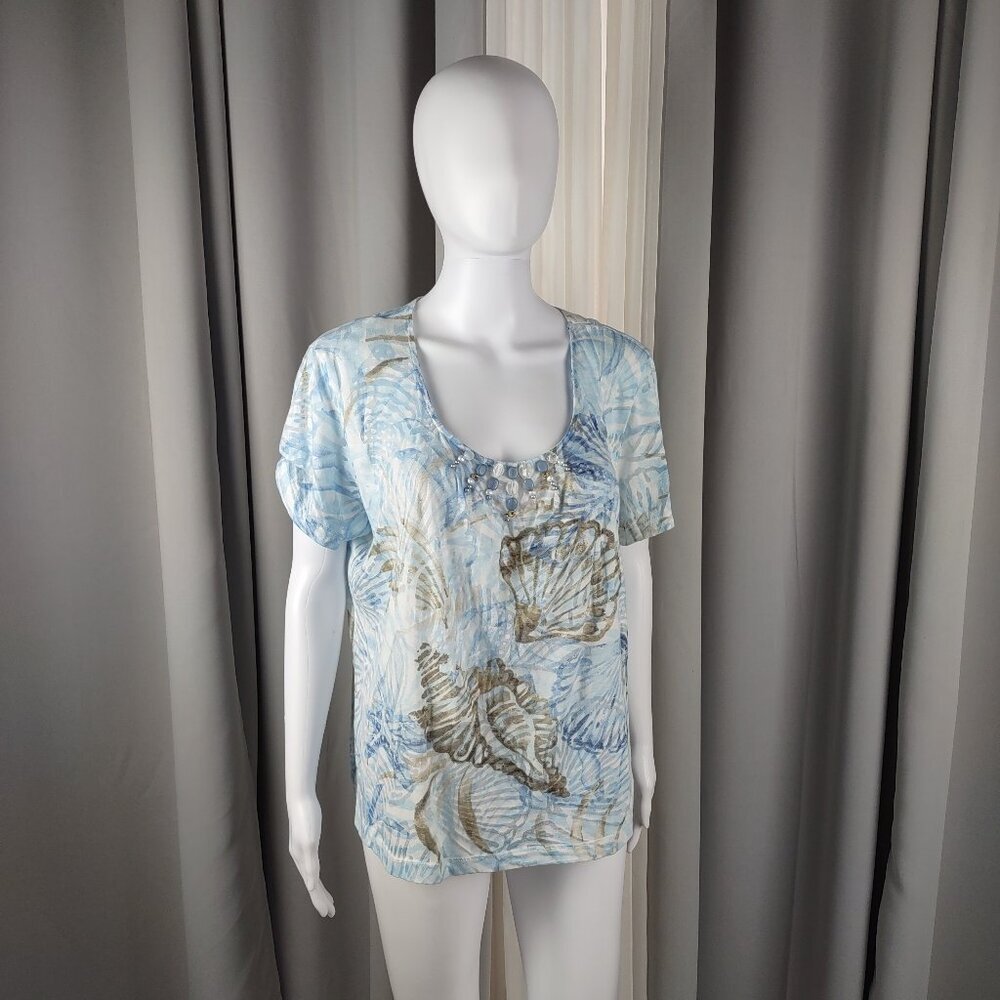 Alfred Dunner Women's Light Blue, V Neck, Shells Print Cotton Blouse. Size XL